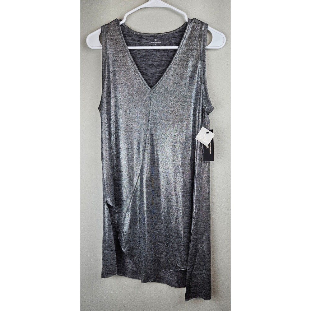 NWT Worthington Women's Medium Asymmetrical Silver Black Foil Tunic Blouse Top